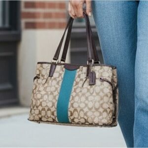 Coach Signature Tan and Green stripe Tote Bag